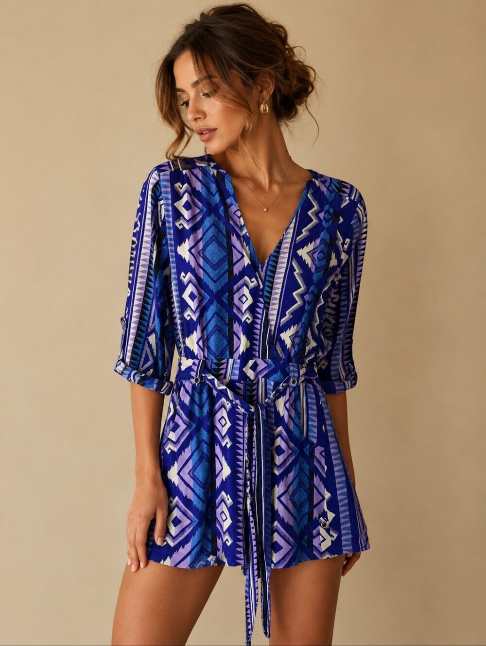 Yumi Kim | 100% Silk Blue Aztec Print Romper Tie Waist Boho Festival, Size M
